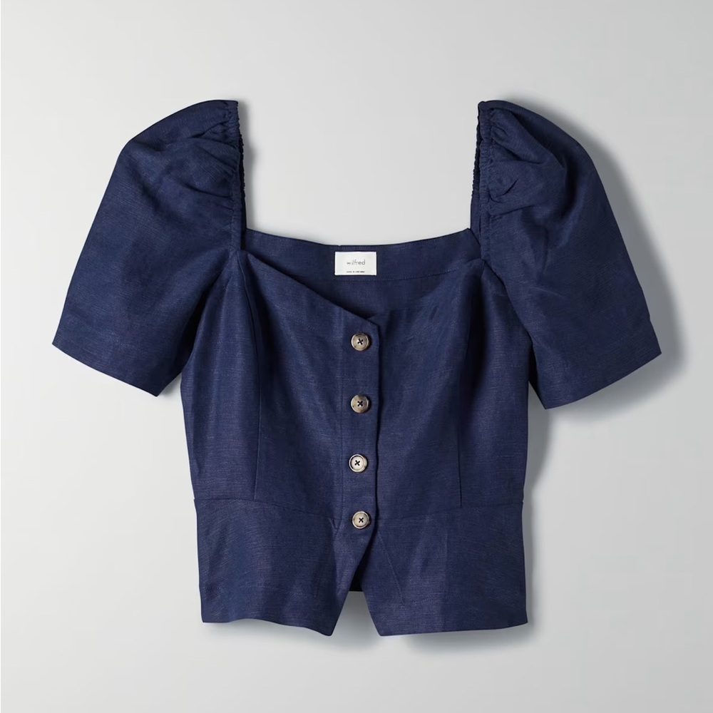 Wilfred Janine Bella Coquette Navy Puff Sleeve Linen Blend Button-Front Top SzXS